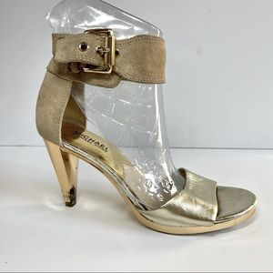 Michael Kors Metallic Gold & Tan Suede Heels with Wide Buckle Strap